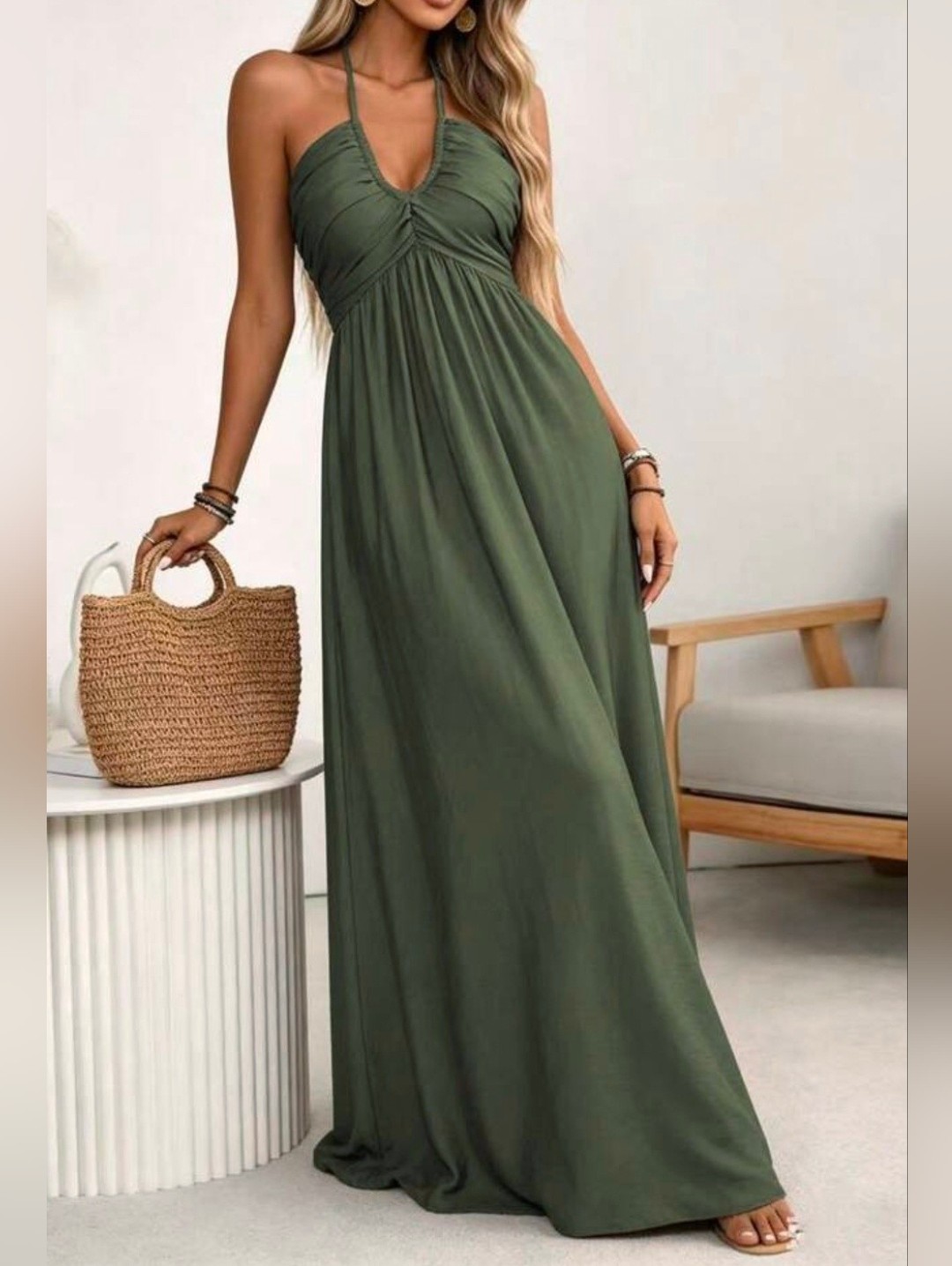 New Tie Halter Smocked Tiered Maxi Dress Olive Green